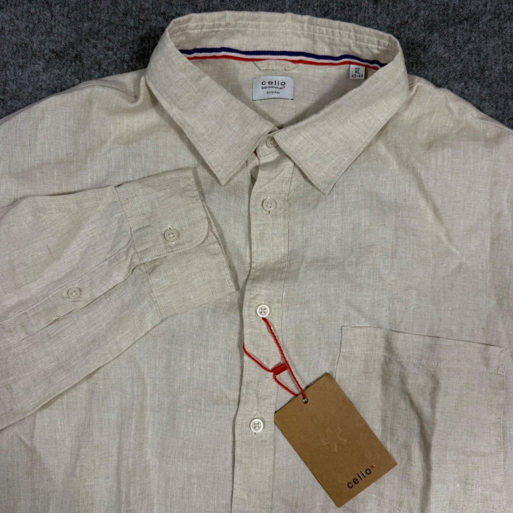 Celio Linen Button Down Shirt Mens XL Natural 100% Linen , Roll Tab Sleeves NWT